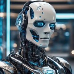 An android robot with a humanoid body, a technology for transferring human consciousness into a mechanical body.