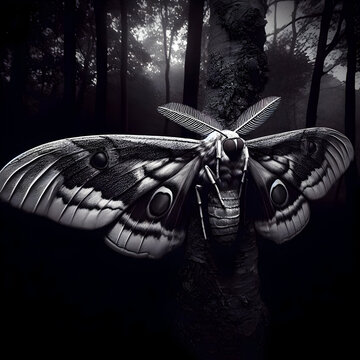 Mysterious Humanoid Horror Creature Cryptid Mothman Monster with Glowing Red Eyes and Wings in the Dark Gloomy Night Tree Woods. Point Pleasant West Virginia WV North American Birdlike Myth & Folklore
