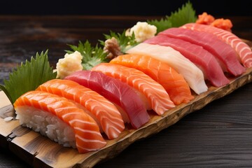 Sashimi Delight. Tuna and Salmon Selection on Wooden Plate, Served in a Cozy Sushi Cafe