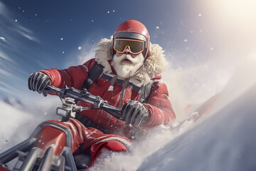 Santa Claus driving sledge among snow, winter theme. - obrazy, fototapety, plakaty