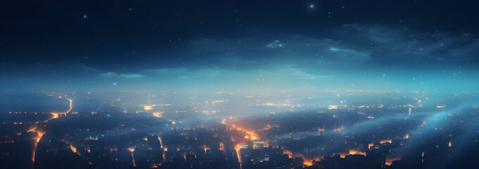 Abstract banner background of gleaming city lights from above. Aerial view. 