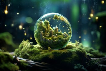 Earth Day Conservation. Serene Green Globe Nestled in Forest with Moss, Bathed in Defocused Sunlight