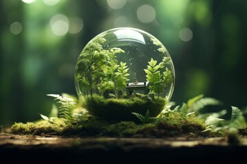 Earth Day. Green Globe and Moss in Forest - Abstract Sunlight and Environmental Conservation