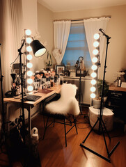 A Photo of a Beauty Blogger’s Filming Setup With Lights and a Half-Done Makeup Look