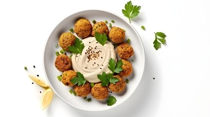 Plate of chickpeas falafel with tahini sauce isolated on white background. Top view, copy space - Powered by Adobe