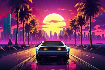 Retro wave 80s image of sports car in sunset
