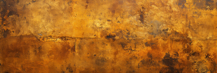 Gold paint texture, panoramic banner of old orange pattern like rust on metal leaf. Vintage rough golden surface, abstract antique artefact. Theme of ancient art, material, background