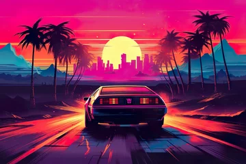 Abwaschbare Fototapete Rosa Retro wave 80s image of sports car in sunset