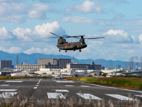 八尾空港上空を飛ぶCH47-チヌーク