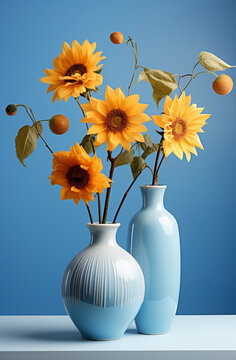 Sunflowers in a Blue Vase Against a Blue Background. Ai Generated Images.