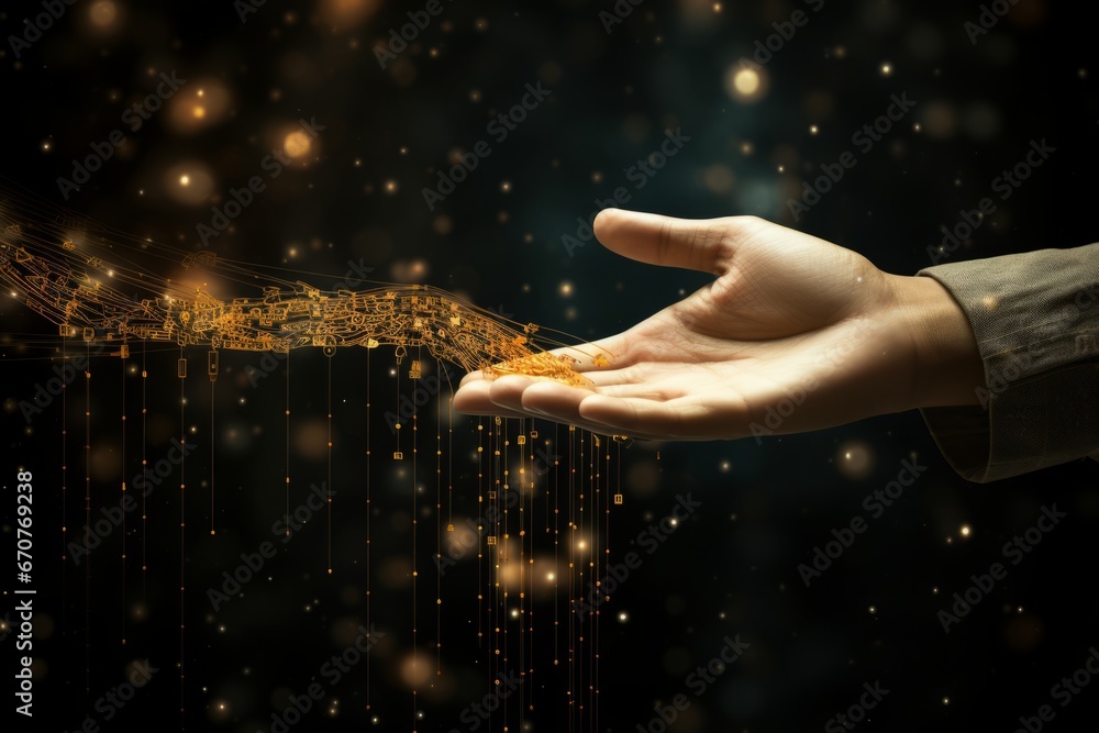 Poster ai hand touching big data network - revolution of artificial intelligence and data exchange