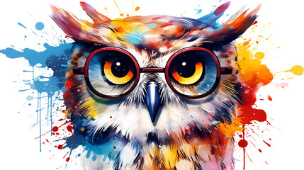 Close-up of cute multicolored owl with glasses.