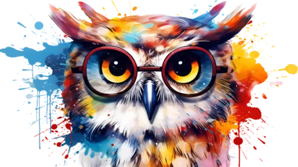 Foto op Plexiglas Close-up of cute multicolored owl with glasses. © Tanuha