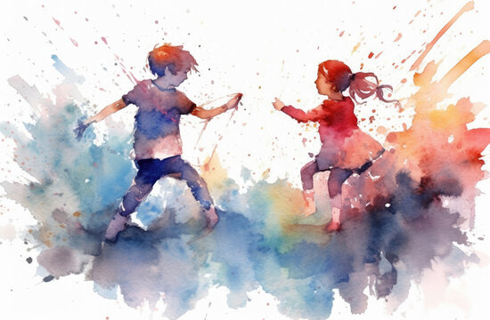 Two kids children playing and dancing together, painted in a beautiful watercolor wash, full of joy and life. Silhouette type illustration with beautiful watercolour textures and washes.