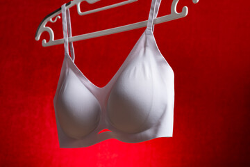 side view lilac bra hanging on red background