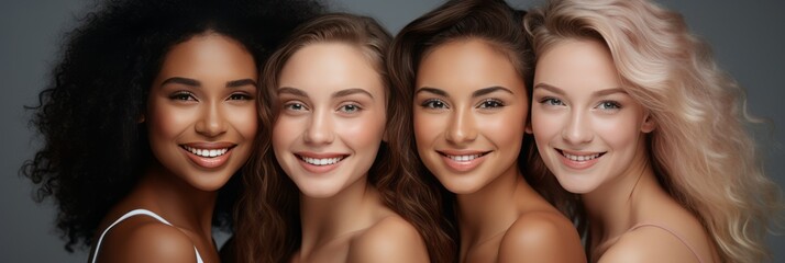 Fototapeta premium Diverse Group of Smiling Women in Bright Dresses, Friends Bonding and Looking at Camera