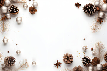 Obraz na płótnie Canvas Bright Christmas frame of spruce christmas decorations on white background. Copy space. Winter holidays, New Year. generativ ai