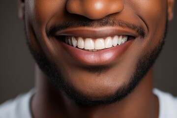 Confident Smile. Close-up of Black Man with Delicate Beard, Revealing Perfect White Teeth