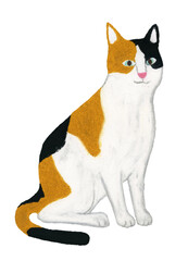 オイルパステルで手描きした、座っている三毛猫のイラスト。