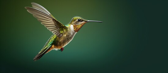 Hummingbird in flight with a green background - obrazy, fototapety, plakaty