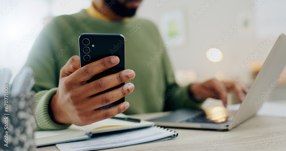 Aufkleber phone, laptop and hands multitask or typing for work, online and man with project notebook on desk. 