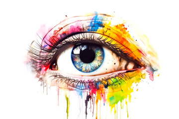 Illustration of eye close-up with colorful paint around it, Generative AI image