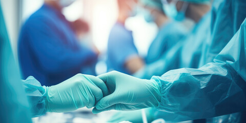 Wide view of surgeons surgical gloves with medical staff blurred in the background