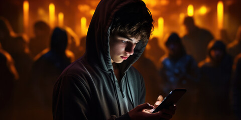 Young teenage boy looking at phone, surrounded by  and online Demons and trolls - obrazy, fototapety, plakaty