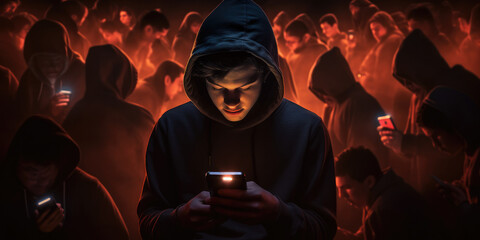 Young teenage boy looking at phone, surrounded by  and online Demons and trolls