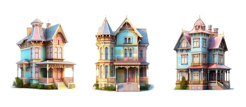 Three colorful Victorian-style traditional homes on white background, Generative AI  image