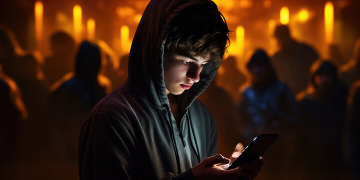 Young teenage boy looking at phone, surrounded by  and online Demons and trolls