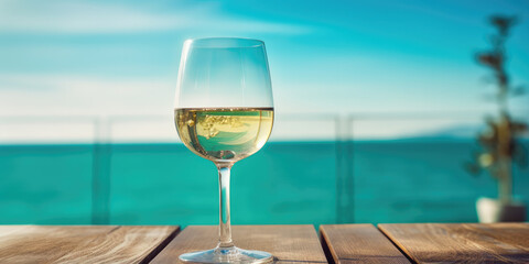 Obraz premium Woman's hand holding white wine glass on holiday turquoise ocean in the background 