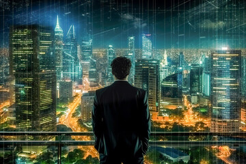 City Night Lights: A Captivating View of a Man Observing the Urban Landscape