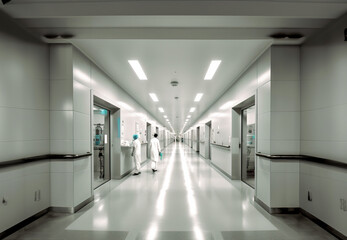 A Serene Hospital Corridor Bathed in White Light and Black and White Décor