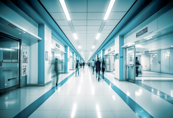A Group of People Walking Through a Spacious Hospital Corridor