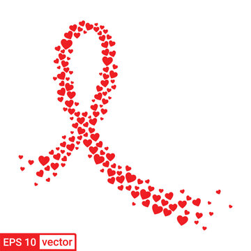 Red cancer awareness ribbon made of hearts isolated on white background