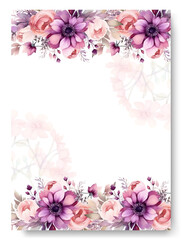 Fototapeta na wymiar Purple daffodil frame with floral watercolor background of wedding invitation.