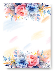 Pinkk rose and blue dahlia frame with floral watercolor background of wedding invitation.