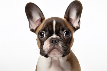 Close-up of a cute young French bull dogs face with white background