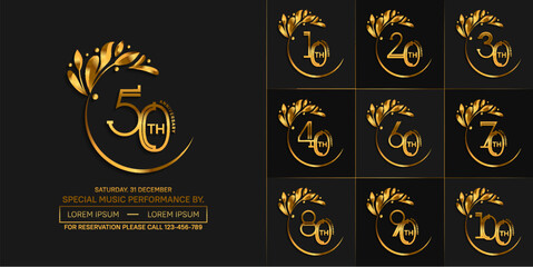 set of anniversary logotype golden color with swoosh and ornament for special celebration event