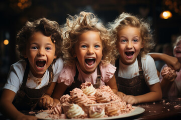 Naklejka premium Kids Unleash Fun and Frolic Around the Cake