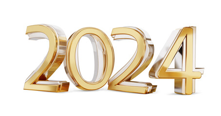 2024 golden metallic numbers as year, new year and year, isolated, shiny in bold font, success and changes, better or best