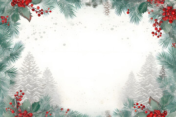 Obraz na płótnie Canvas Christmas holiday background with copy space for text. Flat lay, top view. Decorative frame of fir branches and holly berries. Paper notice sheet generativ ai