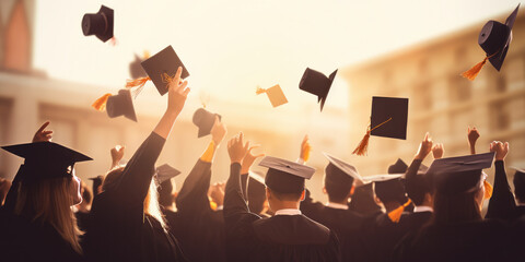 College students mortarboards, been worn and thrown in the air with excitement at passing exams