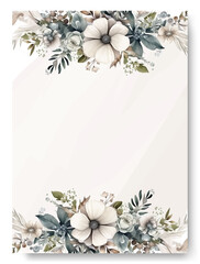 Watercolor white wedding invitation card template set with white anemone floral decoration.
