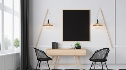 Mockup poster frame in modern home office interior background, 3d render. Decor concept. Real estate concept. Art concept.