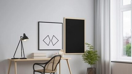 Mockup poster frame in modern home office interior background, 3d render. Decor concept. Real estate concept. Art concept.