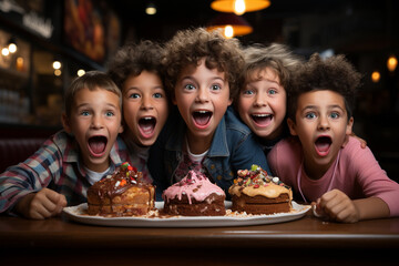 Fototapeta na wymiar Kids Unleash Fun and Frolic Around the Cake 
