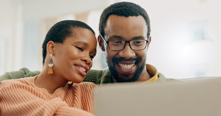 Laptop, face and happy black couple reading online shopping information, social network post or relationship news website. Home computer, research and African people search internet, web or media