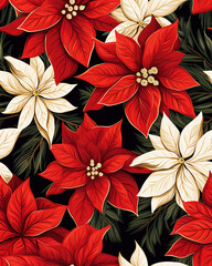 Illustrated Poinsettia repeatable seamless pattern, Christmas floral